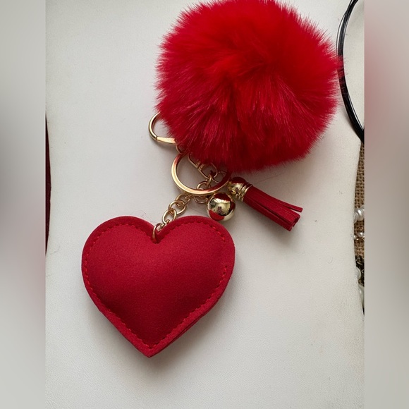 New Red Rhinestone Heart Keychain with Pom Pom - Picture 2 of 3